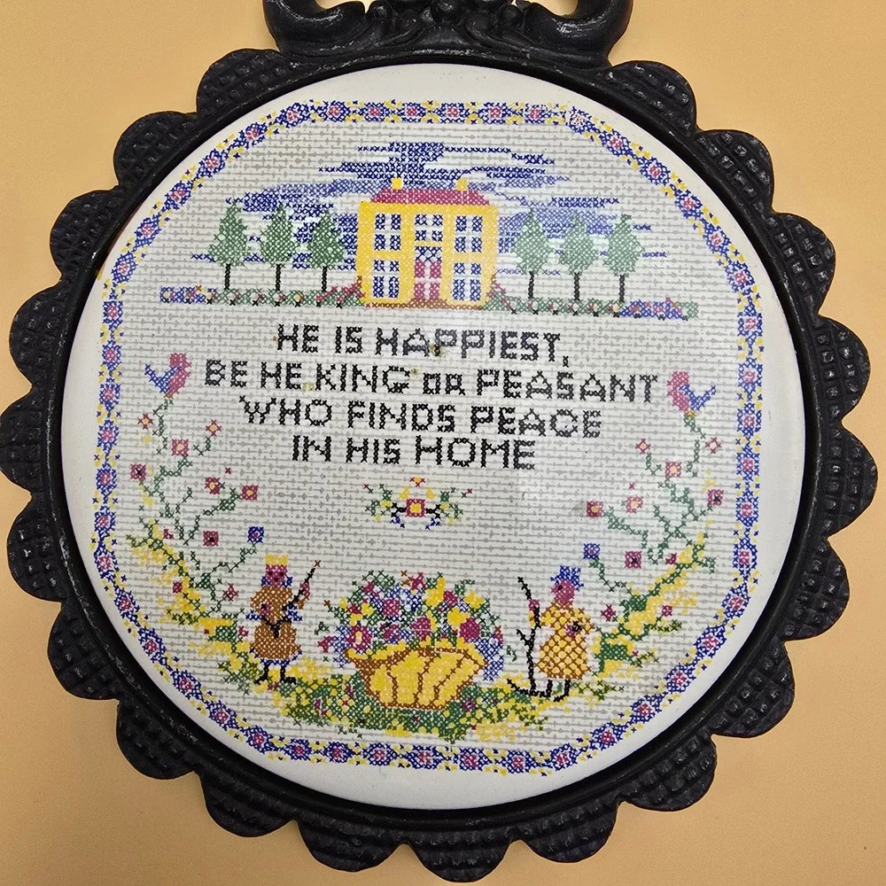 Vintage Cast Iron‎ Trivet Ceramic Insert Home Quote Cross Stitch Style Black